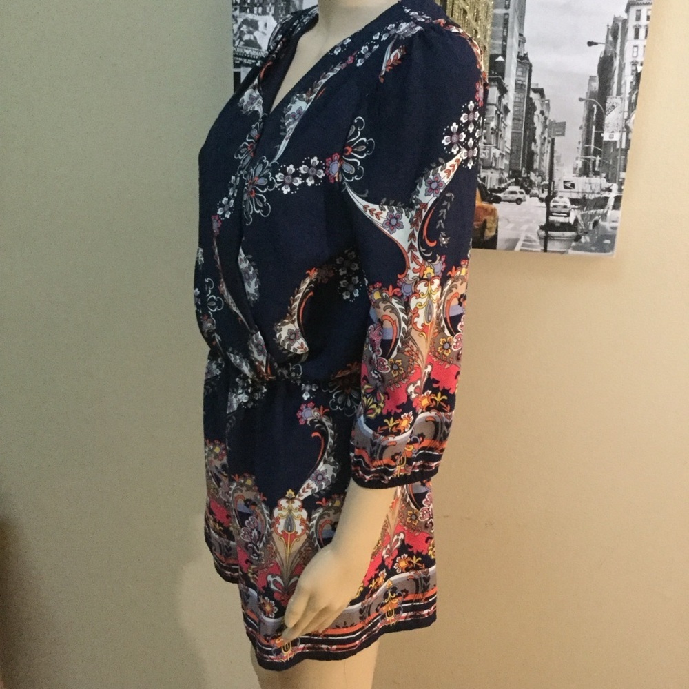 Forever 21 Navy Floral Print Long Sleeve Romper with Pink and Gold Accents
